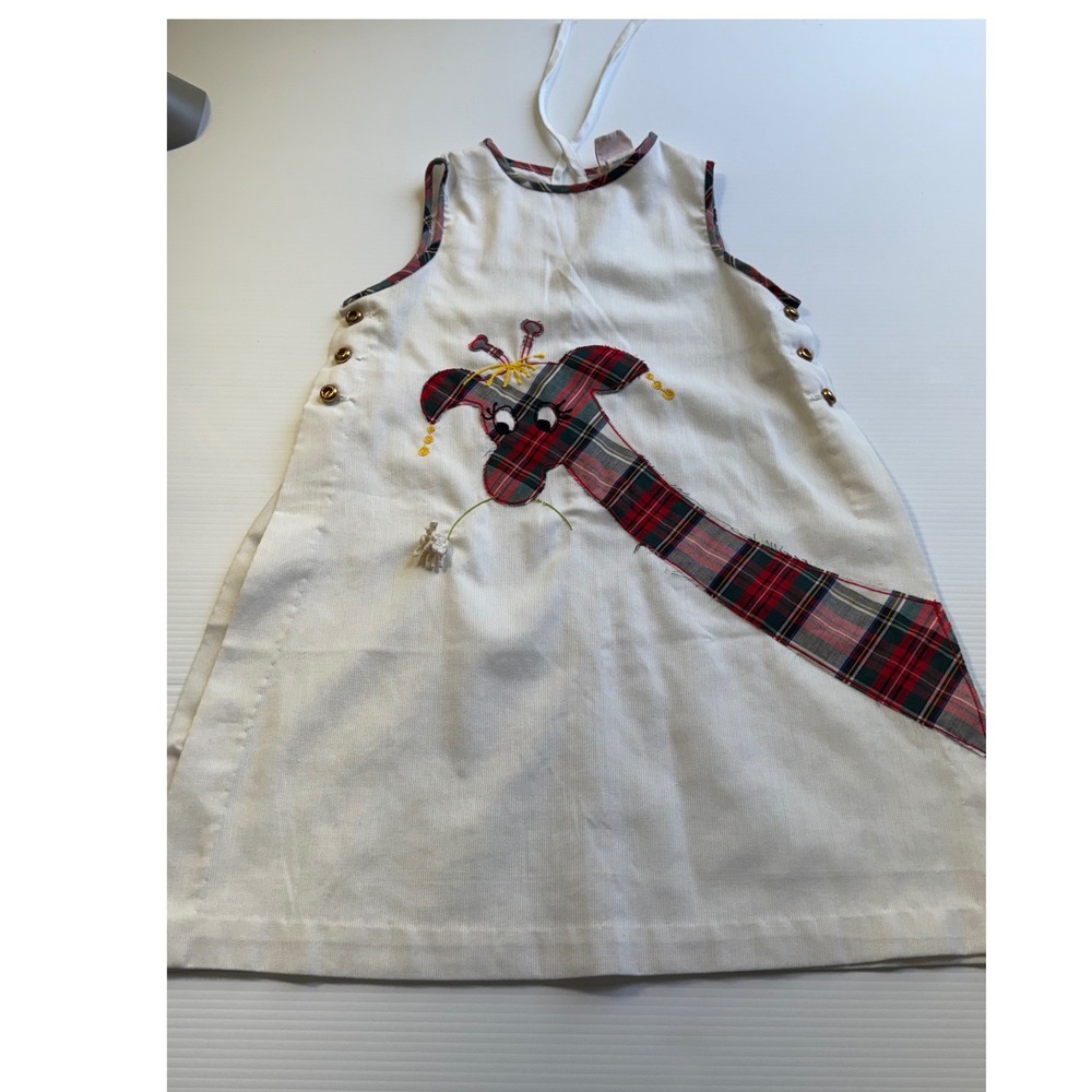 Vintage Nannette Kids White Corduroy Plaid Giraffe Applique Jumper Dress